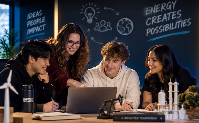 Four students collaborating around a laptop and energy models, with 'Energy Creates Possibilities' written on the wall behind them.