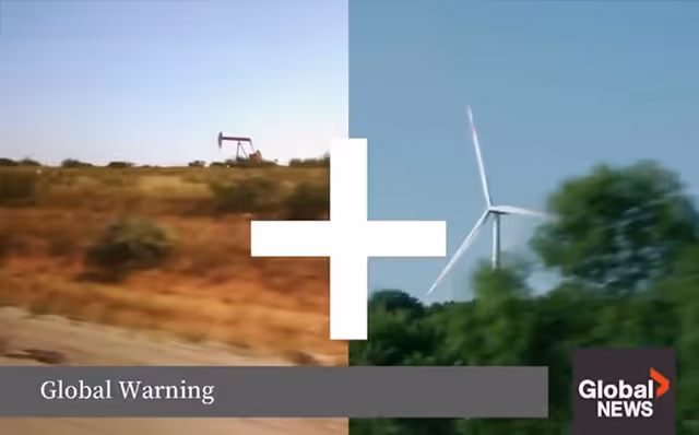 Global News segment on Global Warning, split between an oil pumpjack and a wind turbine.