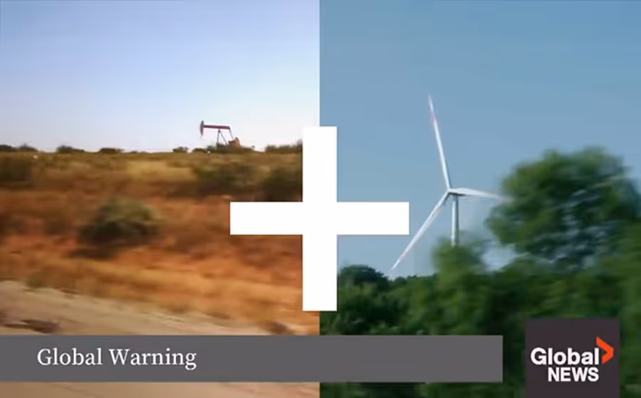 Global News segment on Global Warning, split between an oil pumpjack and a wind turbine.