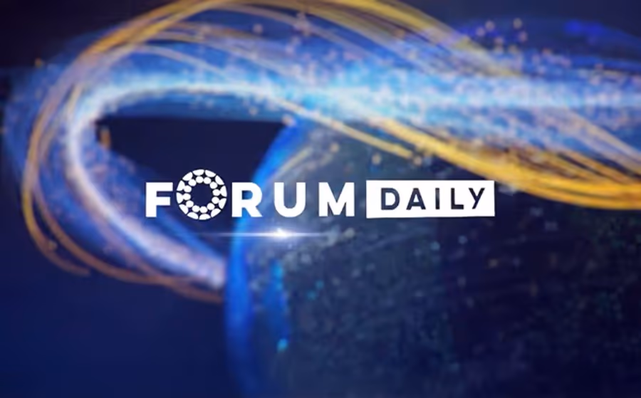 Forum Daily broadcast title card with a stylized globe and light streaks.