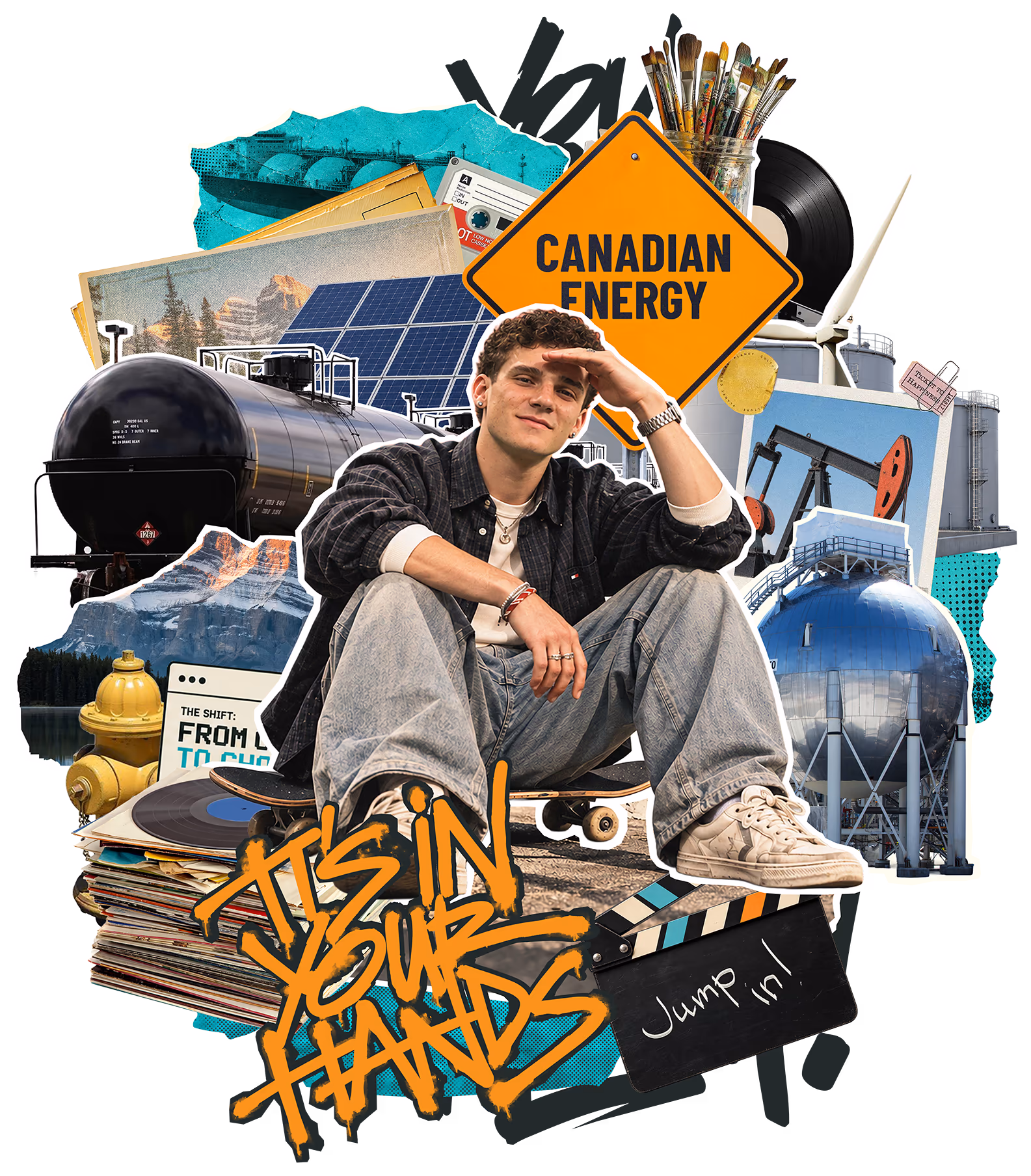 A young creator sitting on a skateboard and a stack of records, surrounded by a collage of Canadian energy and creative imagery under a 'Canadian Energy' road sign.