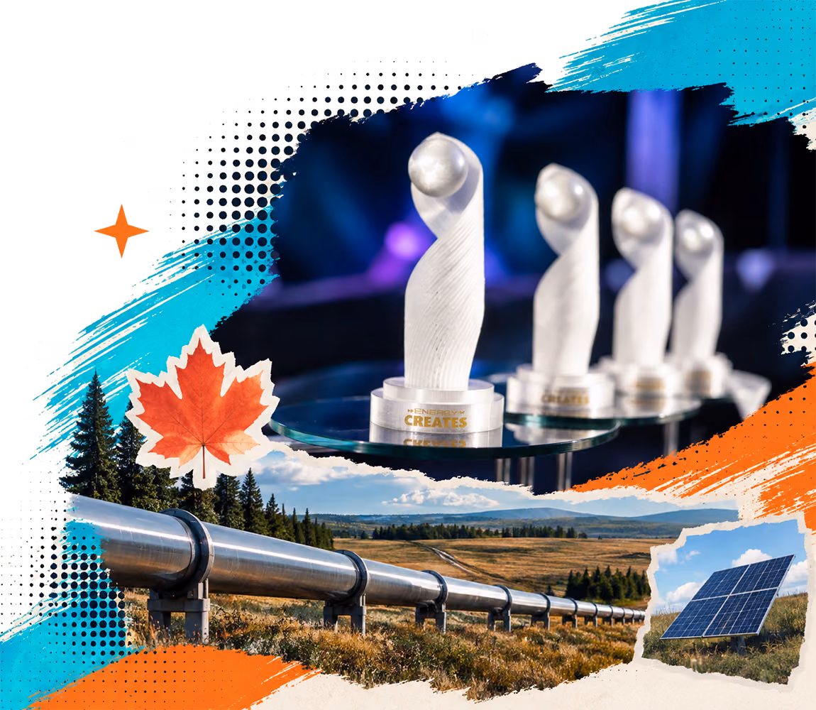 A row of Energy Creates trophies, with a pipeline running below.